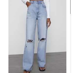 ZARA WIDE LEG FULL LENGTH RIPPED JEANS